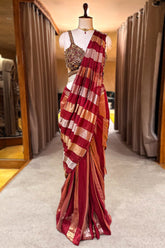 Maroon and Gold Striped Readymade Saree with Heavily Embellished Blouse - maroon saree