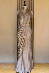Champagne Beige Ready to Wear Saree highlighting the effortless pre-draped silhouette