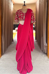 Pink Pre-Draped Saree with Embellished Floral Blouse - pink saree