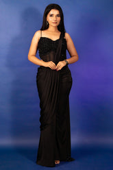 Black Satin Pre Draped Palazzo Saree with Pearl Work Corset Blouse - black satin saree