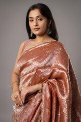 Orange Dola Silk Weaving Scallop Border Saree with Sequin Embroidered Butta - red silk saree embroidered