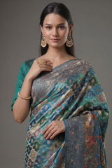 Blue and Multi Colored Modal Silk Woven Saree with Gota and Applique Work