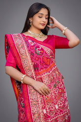Pink Silk Traditional Patola Saree with Bead Work - pink silk saree patola