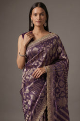 Purple Tissue Silk All Over Woven Saree with Scallop Cutdana Applique Border - purple silk saree