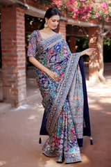 Blue Modal Silk Printed Saree with Sequin Embroidery Work