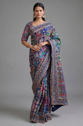 Blue Modal Silk Printed Saree with Sequin Embroidery Work - blue silk saree embroidery