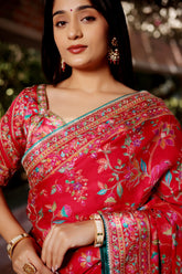 Red Silk Printed Saree with Sequin Embroidery Work - red silk saree embroidery
