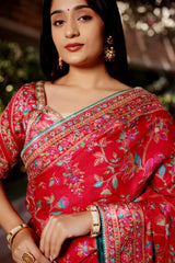Red Silk Printed Saree with Sequin Embroidery Work