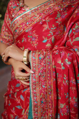 Red Silk Printed Saree with Sequin Embroidery Work