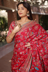 Red Silk Printed Saree with Sequin Embroidery Work