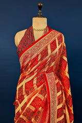 Red Modal Silk Checks Ajrakh Printed Saree