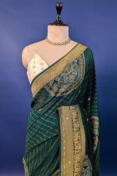 Green Georgette Printed Saree with Woven and Cutdana Worked Pallu - green georgette saree
