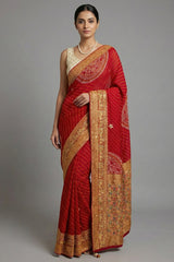 Red Georgette Printed Saree with Woven and Cutdana Worked Pallu
