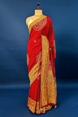 Red Georgette Printed Saree with Woven and Cutdana Worked Pallu
