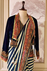 Pearl White Crepe Silk Stripes Printed Pre Draped Saree with Jacket