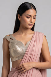Pink Lycra Net Pre Draped Saree with Structured Blouse - red net saree