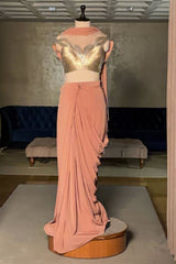 Pink Lycra Net Pre Draped Saree with Structured Blouse - red net saree