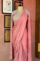 Pink Chinon Silk Sequin Worked Pre Draped Saree with Cape - pink silk saree