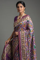 Off White and Purple Silk Traditional Checks Patola Saree - purple silk saree patola