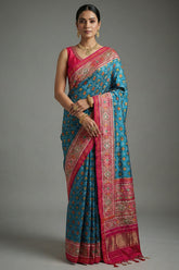 Blue Silk Traditional Woven Checks Woven Saree with Contrast Pallu and Border