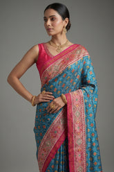 Blue Silk Traditional Woven Checks Woven Saree with Contrast Pallu and Border - blue silk saree