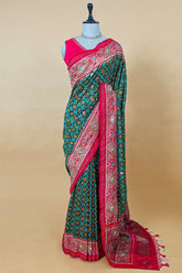 Dark Green Silk Traditional Woven Saree with Contrast Border and Pallu - green silk saree