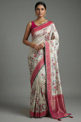 Off White Dola Silk Floral and Bird Motif Saree with Contrast Woven Border and Pallu