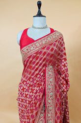 Red and Pink Bandhej Woven Saree with Bead and Cutdana Work - red saree bandhej