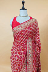 Red and Pink Bandhej Woven Saree with Bead and Cutdana Work