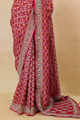 Red and Pink Bandhej Woven Saree with Bead and Cutdana Work