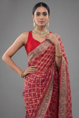 Red and Pink Bandhej Woven Saree with Bead and Cutdana Work