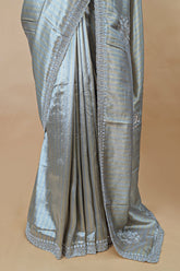 Golden and Silver Tissue Silk Stripe Saree with Sequin and Bead Work - gold silk saree