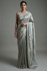 Golden and Silver Tissue Silk Stripe Saree with Sequin and Bead Work