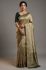 Olive Green Dola Silk Printed Saree with Contrast Woven Border and Pallu
