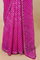 Pink Chiffon Georgette Leheriya Printed Saree with Applique Work - pink chiffon saree