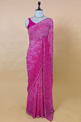 Pink Chiffon Georgette Leheriya Printed Saree with Applique Work