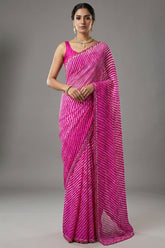Pink Chiffon Georgette Leheriya Printed Saree with Applique Work - pink chiffon saree