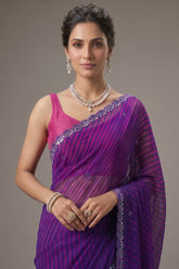 Purple Chiffon Georgette Leheriya Printed Saree with Applique Work - purple chiffon saree