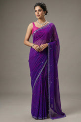 Purple Chiffon Georgette Leheriya Printed Saree with Applique Work - purple chiffon saree