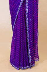 Purple Chiffon Georgette Leheriya Printed Saree with Applique Work - purple chiffon saree