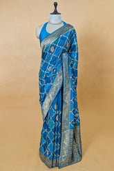 Sky Blue Dola Silk Printed Saree with Embroidery - blue silk saree embroidery