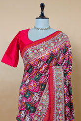 Multi Colored Silk Traditional Checks Patola Saree with Beads and Gota Work - red silk saree patola
