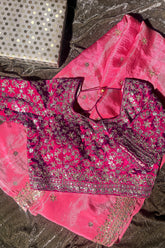 Light Pink Tissue Silk Gota Worked Saree with Readymade Blouse - pink silk saree