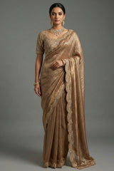 Golden Tissue Silk Designer Scallop Border Saree with Readymade Blouse