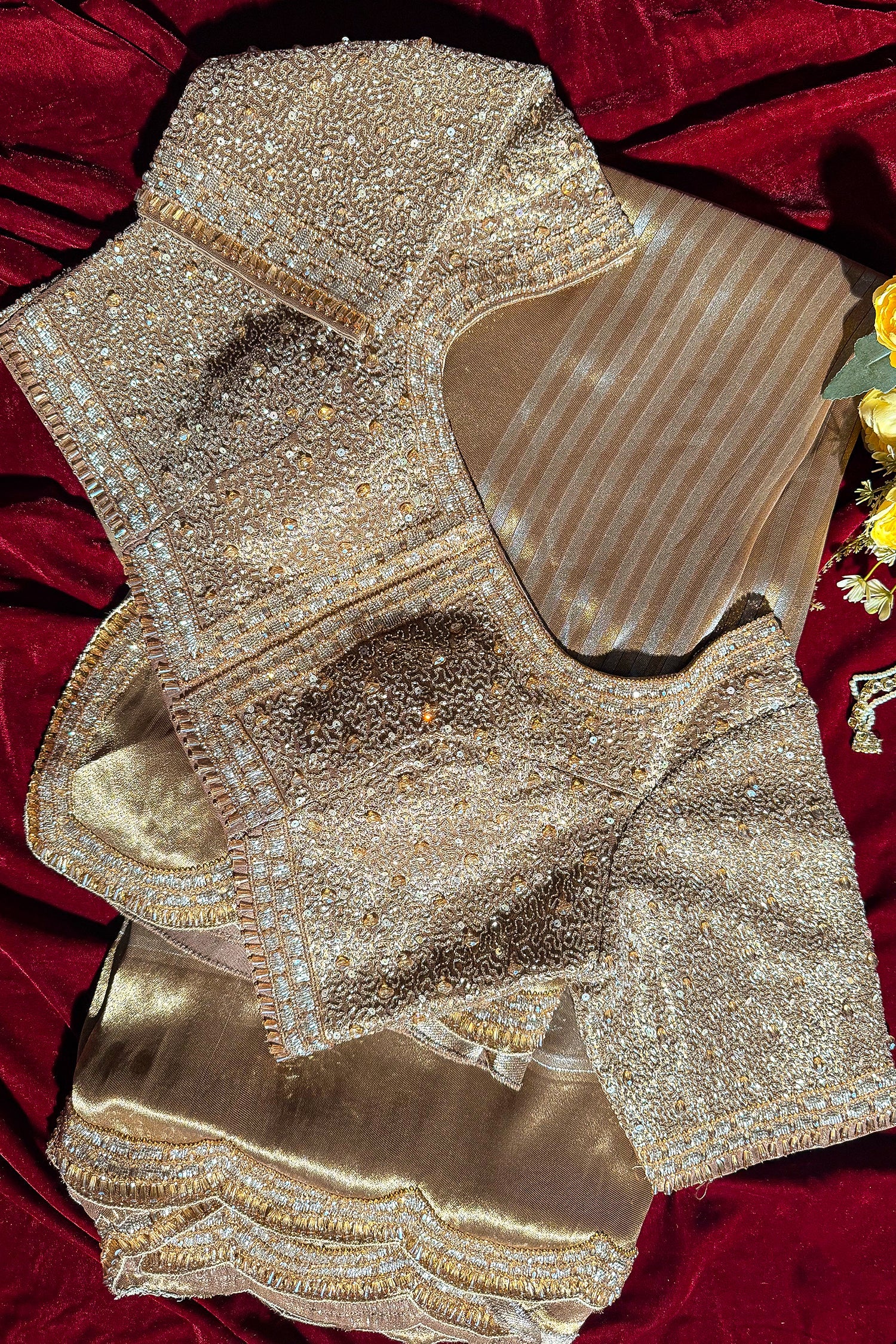 Golden Tissue Silk Designer Scallop Border Saree with Readymade Blouse - gold silk saree
