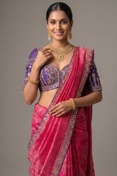 Rani Pink Dola Silk Woven Saree with Contrast Readymade Blouse - pink silk saree