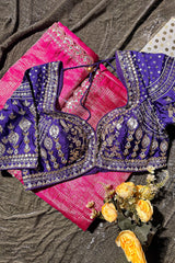 Rani Pink Dola Silk Woven Saree with Contrast Readymade Blouse