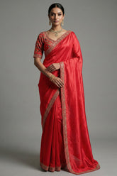 Red Chinon Tissue Silk Saree with Readymade Blouse