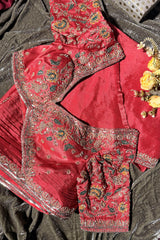 Red Chinon Tissue Silk Saree with Readymade Blouse - red silk saree