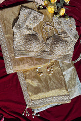 Golden and Silver Tissue Silk Saree with Designer Readymade Blouse - gold silk saree